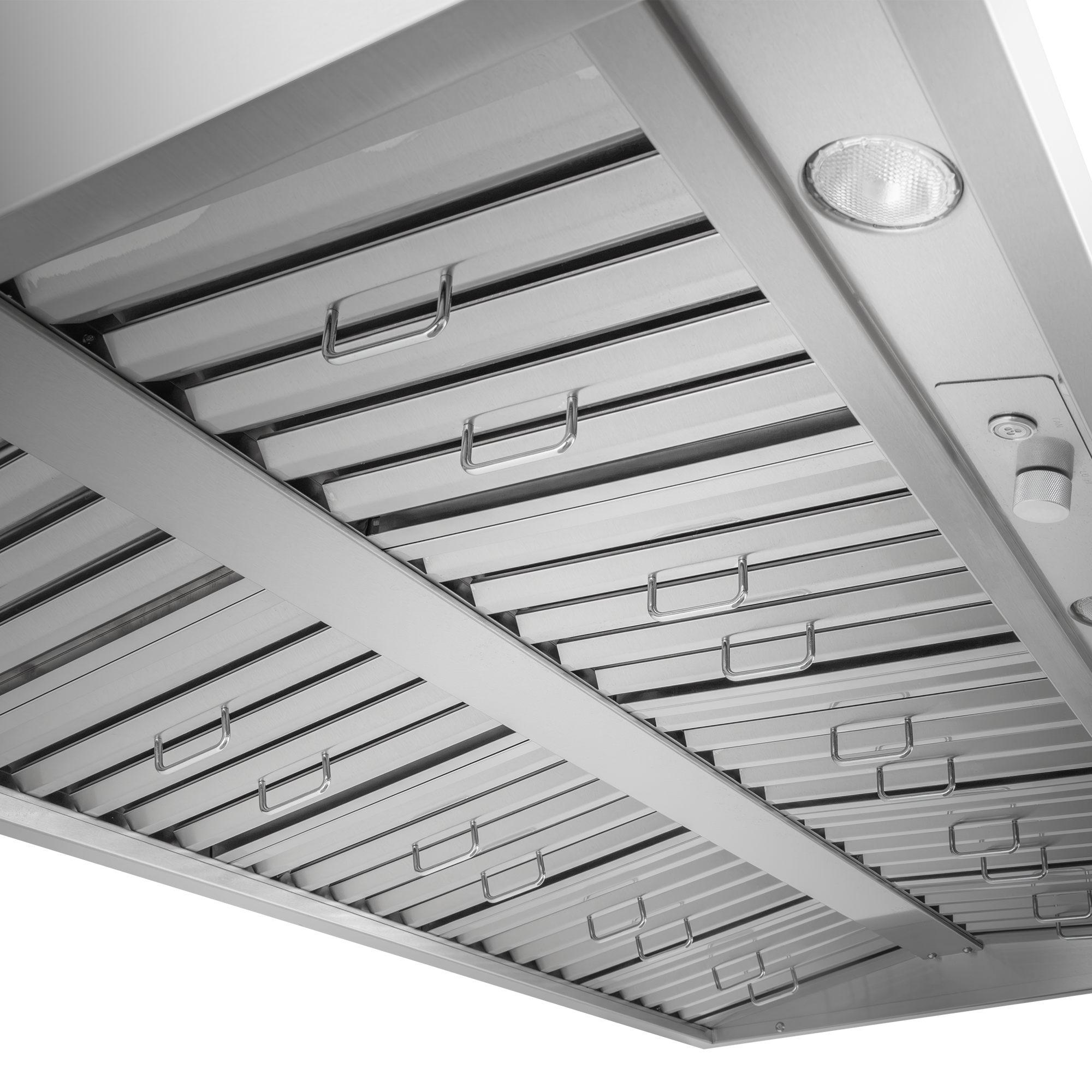 Underside of a PLGW BBQ ULTRA UC HE range hood with baffle filters and LED light from ProlineRangeHoods.com.