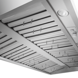 Underside of a PLGW BBQ ULTRA UC HE range hood with baffle filters and LED light from ProlineRangeHoods.com.