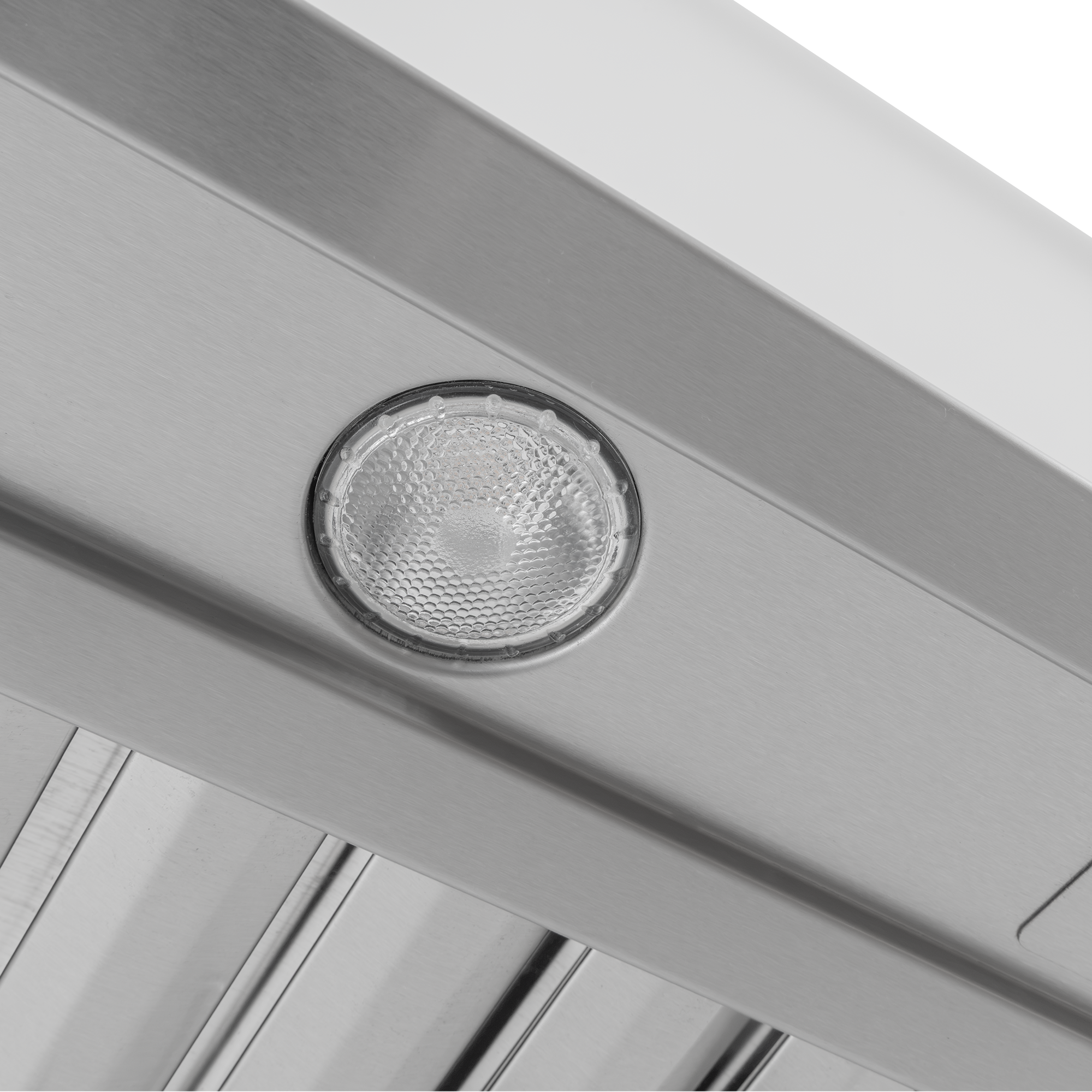 Close-up of a PLGW BBQ ULTRA UC HE stainless steel range hood with a dimmable LED light from ProlineRangeHoods.com.