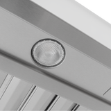 Close-up of a PLGW BBQ ULTRA UC HE stainless steel range hood with a dimmable LED light from ProlineRangeHoods.com.