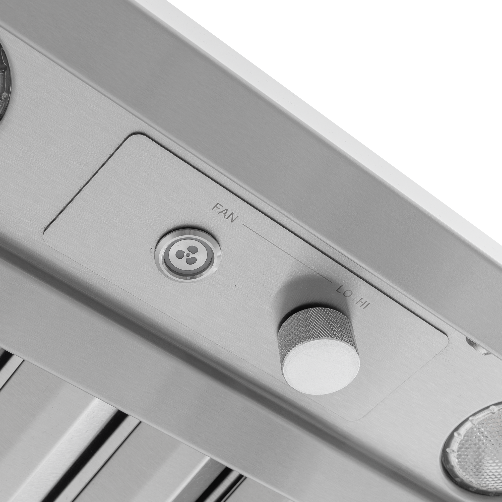 Stainless steel control panel for ProlineRangeHoods.com PLGW WC BBQ HE, with a fan button and variable speed dial.