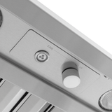 Stainless steel control panel for ProlineRangeHoods.com PLGW WC BBQ HE, with a fan button and variable speed dial.