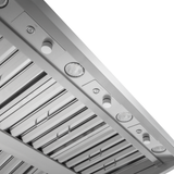 Underside of a Proline Range Hoods PLGW WC BBQ HE: baffle filters, lights, rotary knobs. ProlineRangeHoods.com.