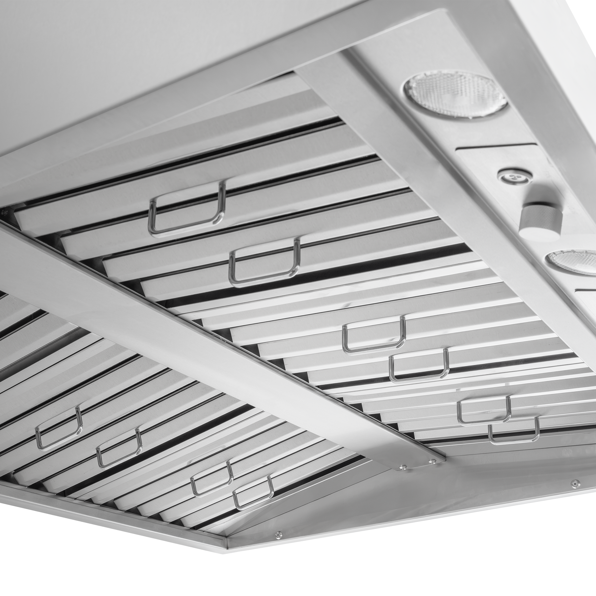 Underside of Proline Range Hoods PLGW WC BBQ HE, baffle filters, lights, control knob. See ProlineRangeHoods.com.