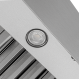Close-up of LED light in Proline PLJW 101 Under-Cabinet Range Hood, stainless steel finish, from ProlineRangeHoods.com.