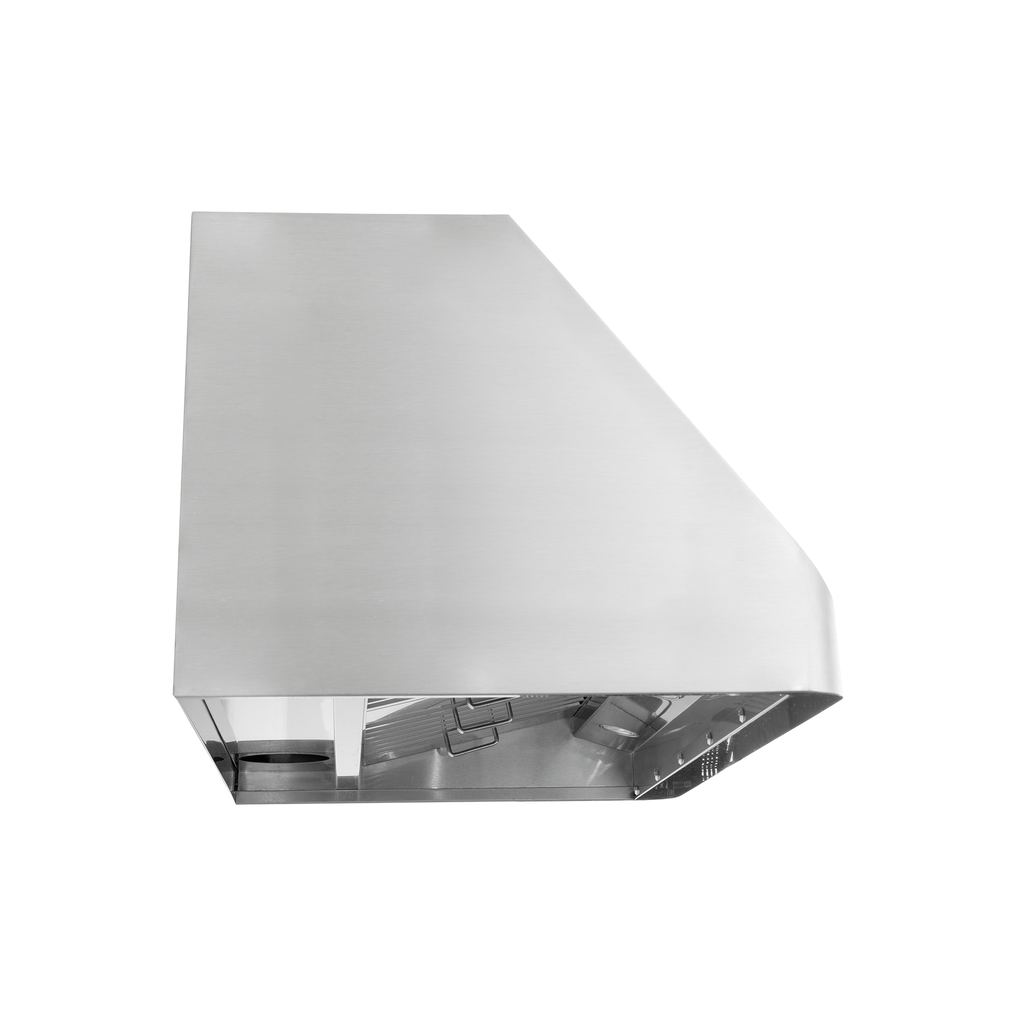 ProlineRangeHoods.com PLJW 101 stainless steel under-cabinet hood, angled design, 1000/2000 CFM, shown from below.