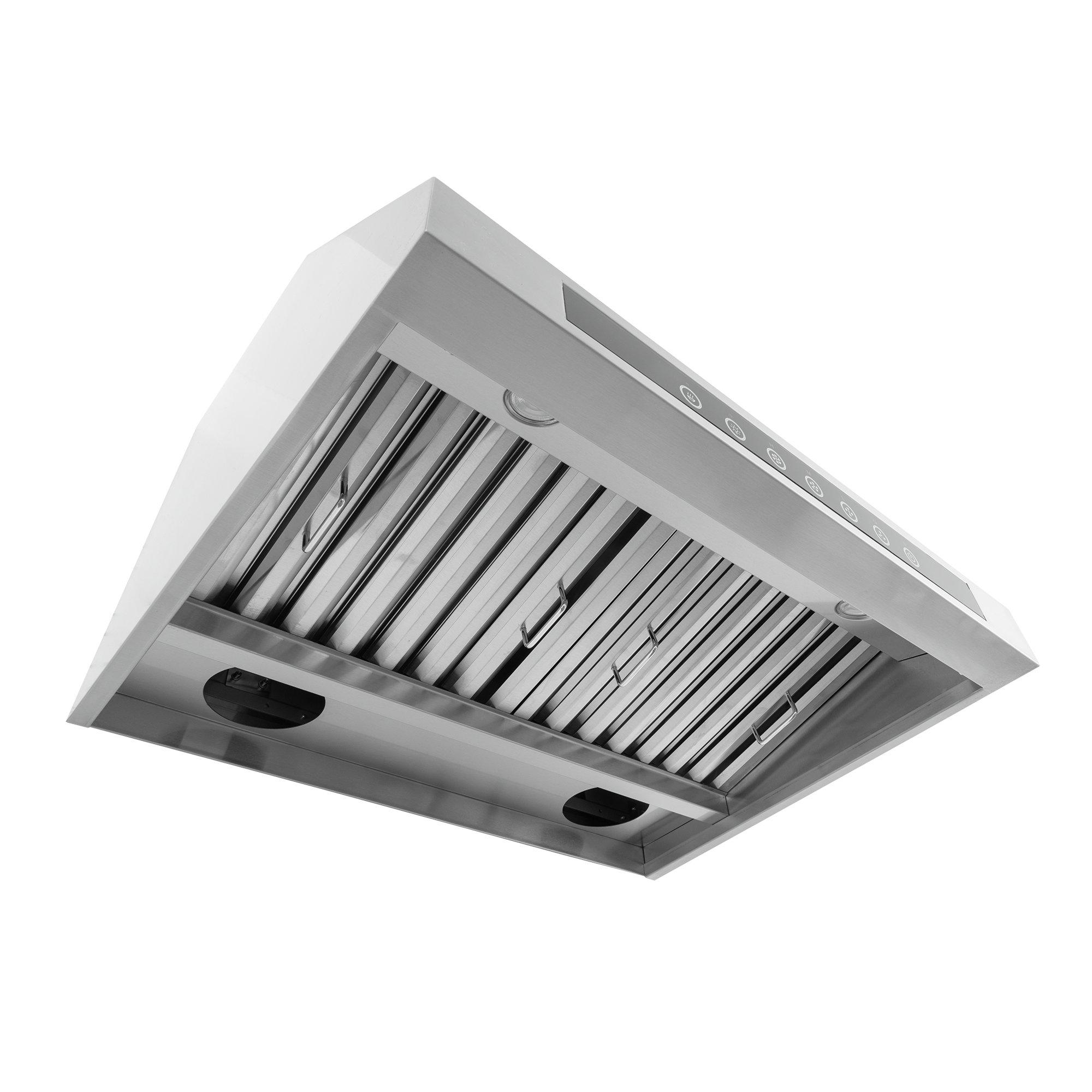The Proline Range Hoods PLJW 102 with vent slats, control buttons; stainless steel, ProlineRangeHoods.com shown below.