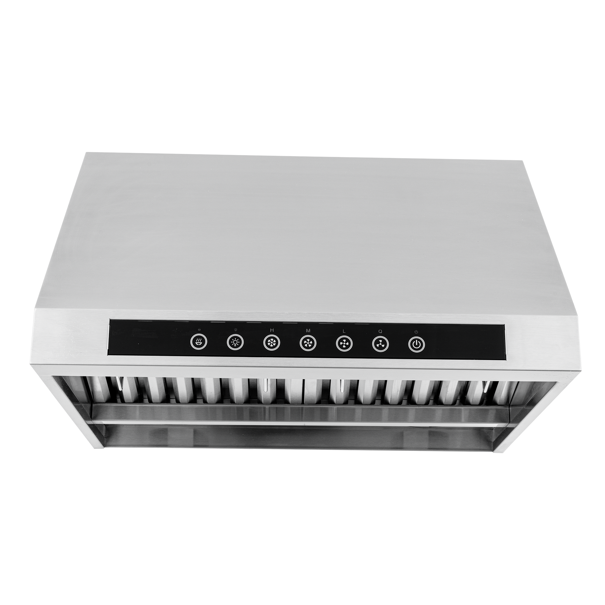 ProlineRangeHoods.com PLJW 102 stainless under cabinet range hood, front view, touch controls, ductless-ready.