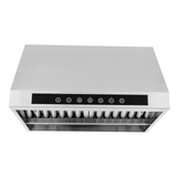 ProlineRangeHoods.com PLJW 102 stainless under cabinet range hood, front view, touch controls, ductless-ready.