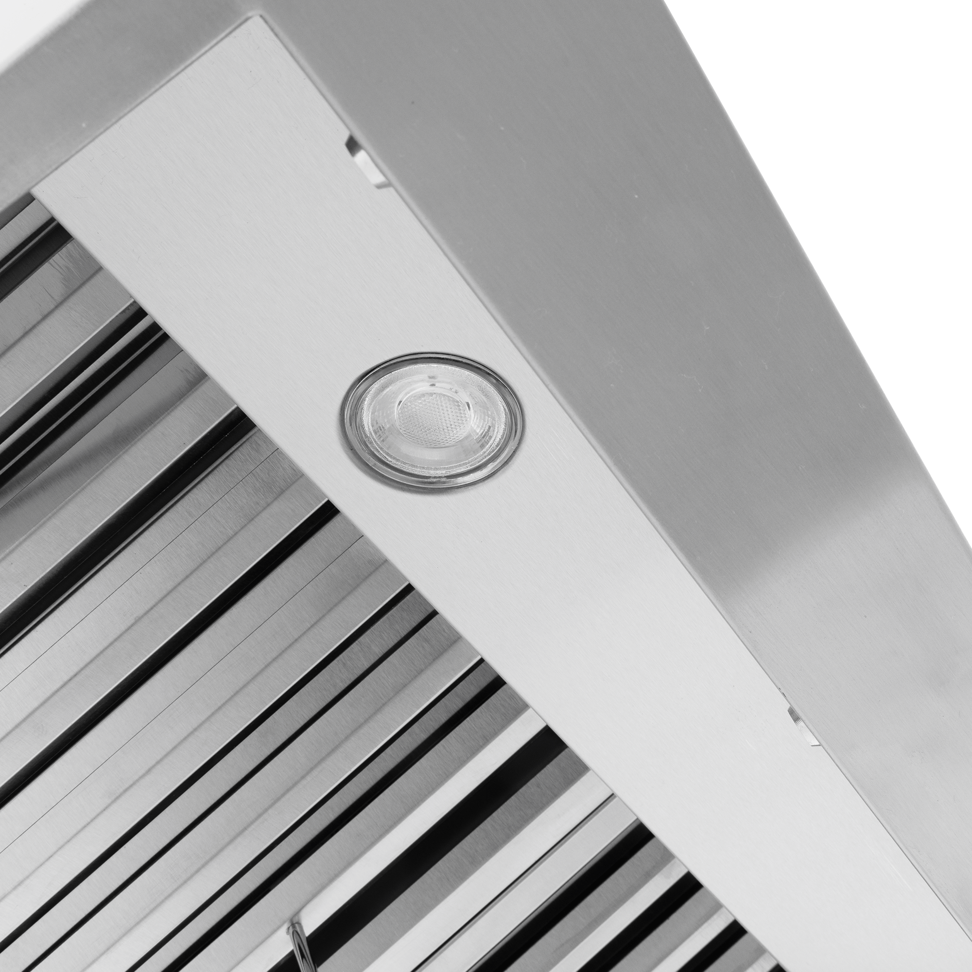 Close-up of Proline PLJW 102 Under Cabinet Range Hood, stainless steel, light, metal slats. ProlineRangeHoods.com.