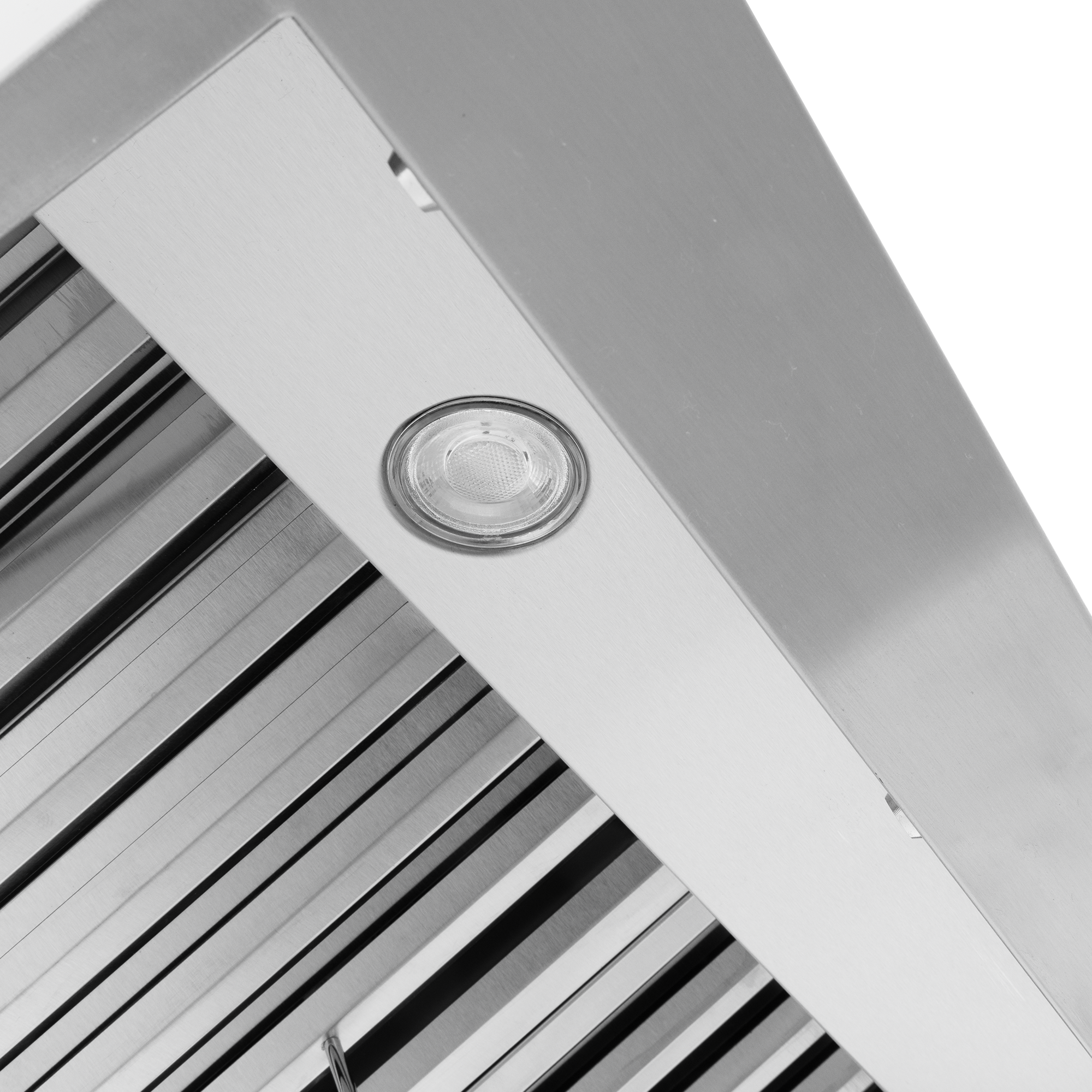 Close-up of Proline PLJW 102 Under Cabinet Range Hood, stainless steel, light, metal slats. ProlineRangeHoods.com.