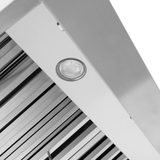 Close-up of Proline PLJW 102 Under Cabinet Range Hood, stainless steel, light, metal slats. ProlineRangeHoods.com.