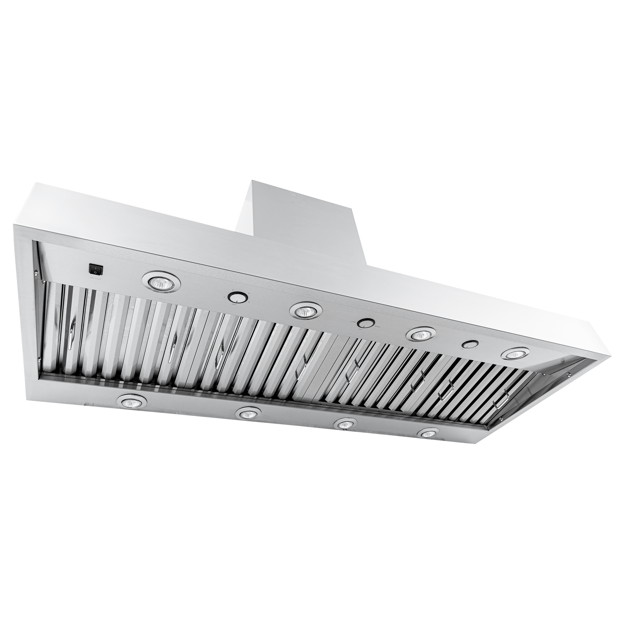 The Proline PLJW 104 hood, shown from below, has lights, vent slats, and outdoor-rated steel. ProlineRangeHoods.com.