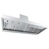 The Proline PLJW 104 hood, shown from below, has lights, vent slats, and outdoor-rated steel. ProlineRangeHoods.com.