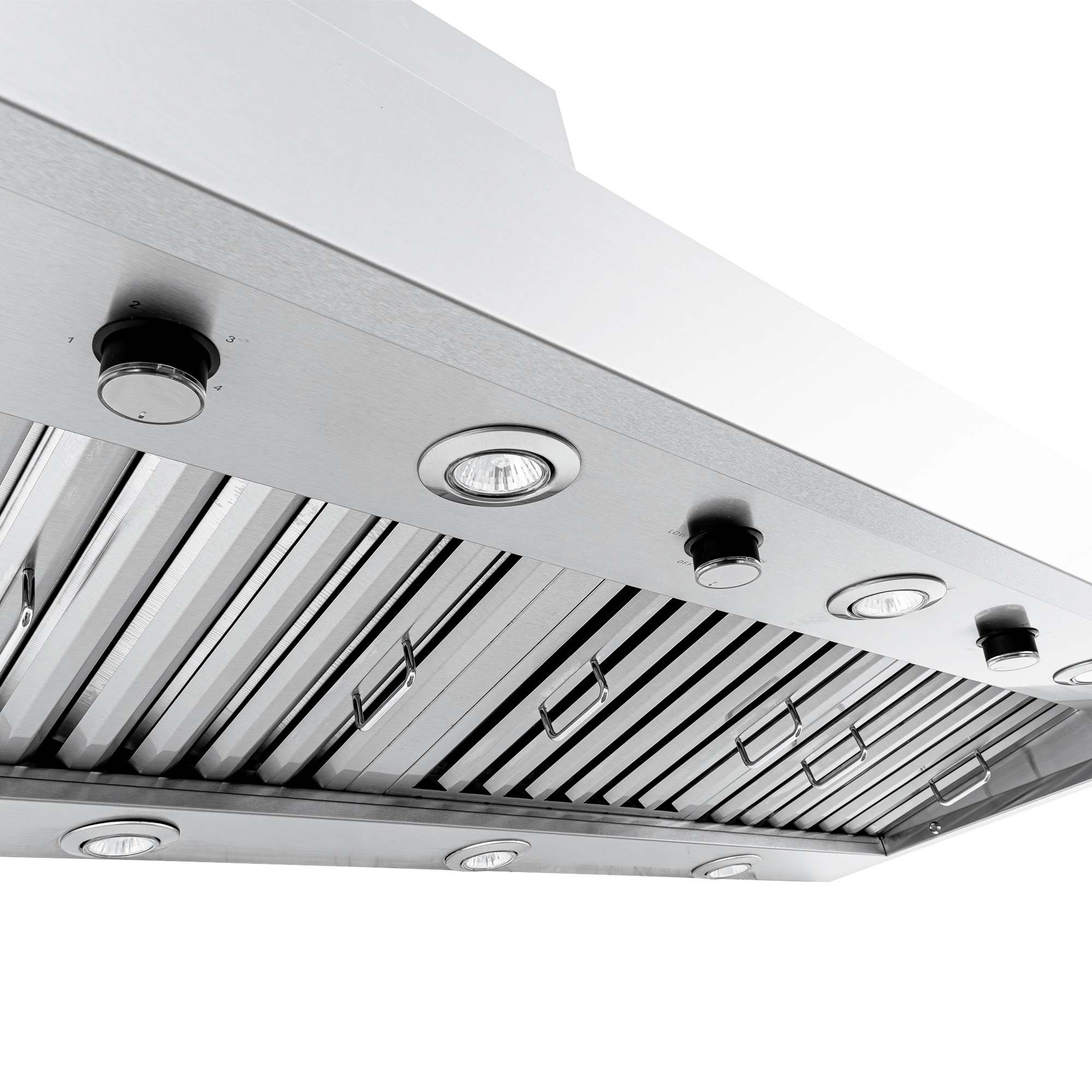 PLJW 104 wall-mounted stainless steel range hood with dual blower, lights, filters. ProlineRangeHoods.com.
