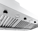 PLJW 104 wall-mounted stainless steel range hood with dual blower, lights, filters. ProlineRangeHoods.com.