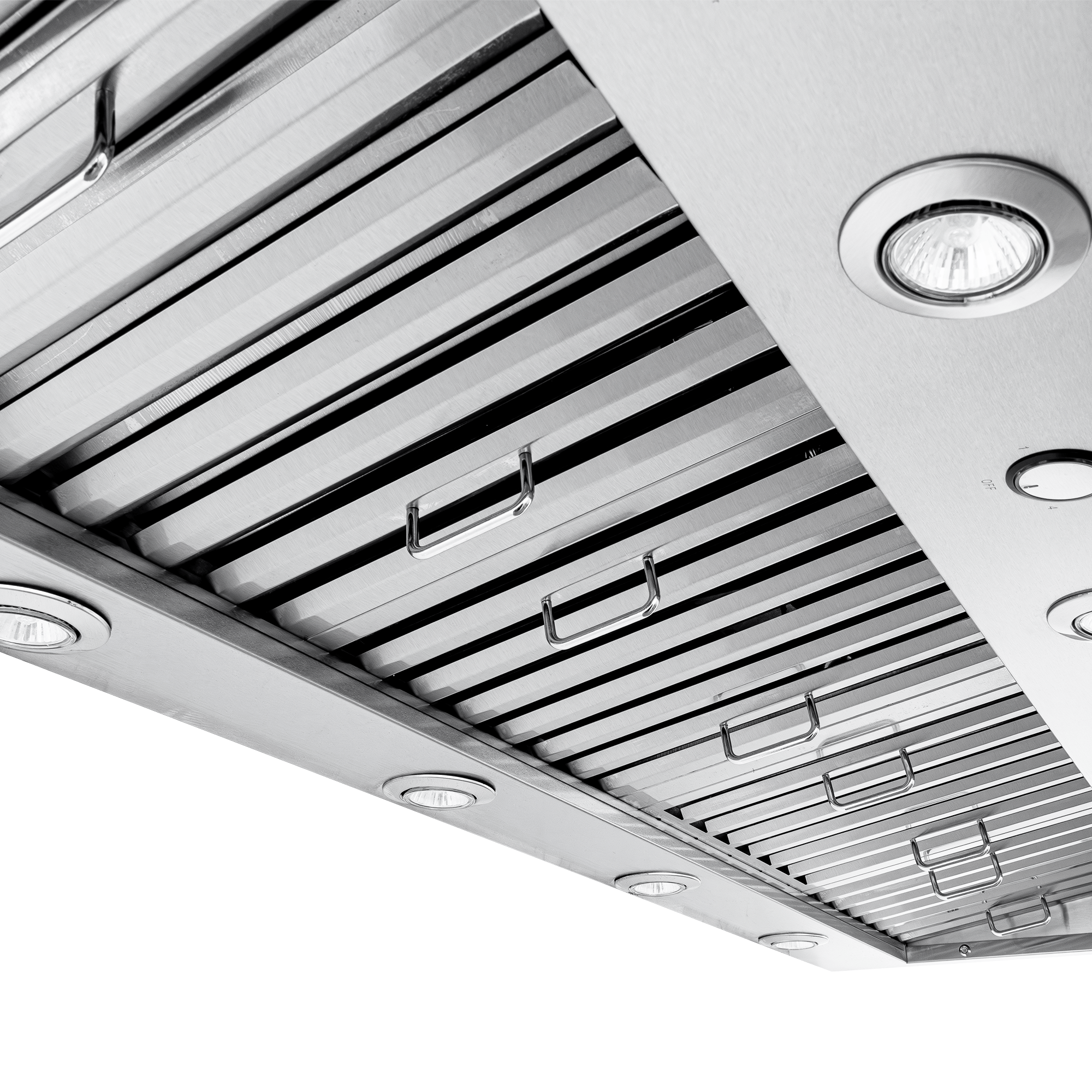 ProlineRangeHoods.com PLJW 104 stainless range hood, shown from below with lights and dishwasher-safe filters.