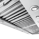 ProlineRangeHoods.com PLJW 104 stainless range hood, shown from below with lights and dishwasher-safe filters.