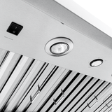 Proline PLJW 104 range hood underside with stainless steel, buttons, light, and filters. ProlineRangeHoods.com.
