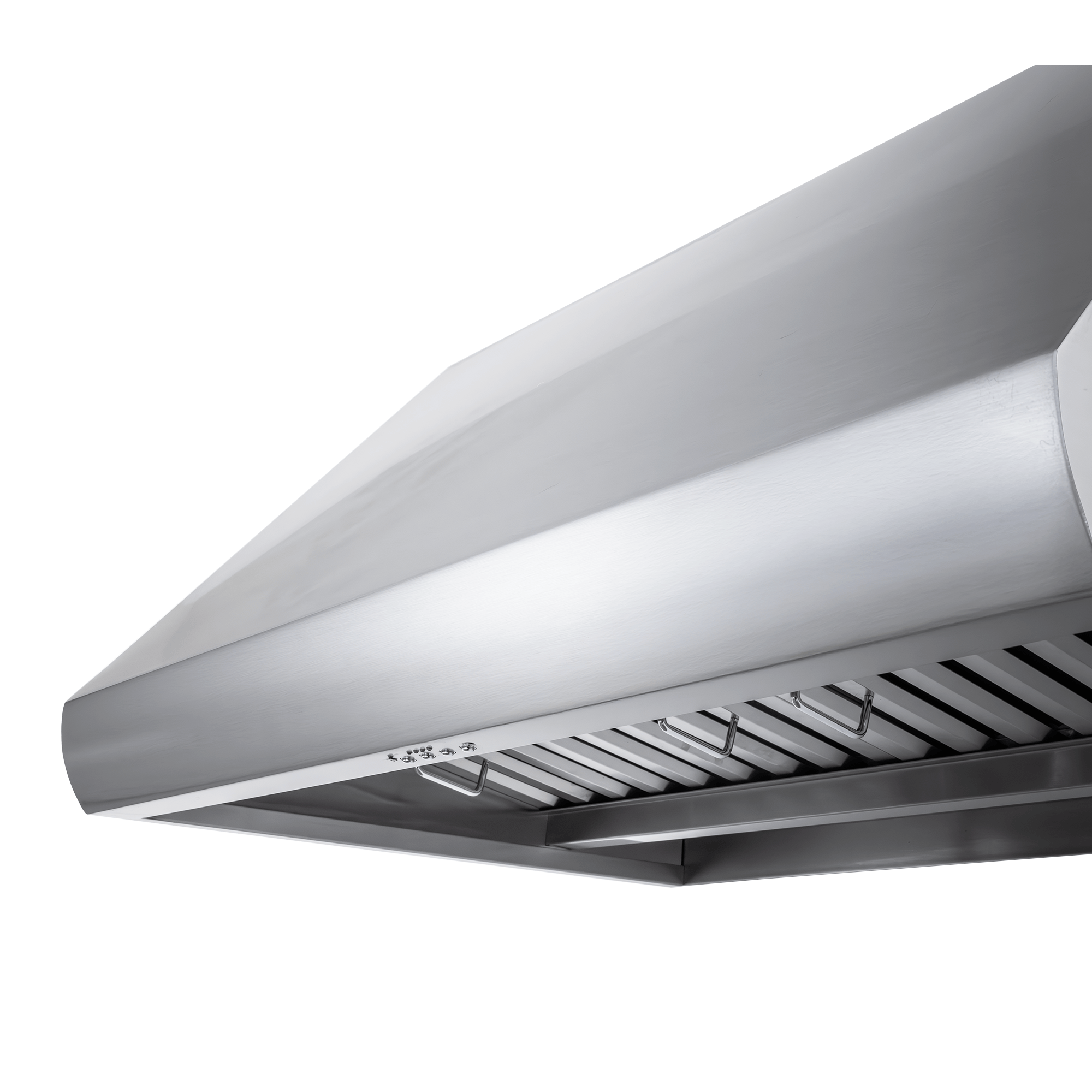 Proline PLJW 109 Wall-Mounted Range Hood in stainless steel, slatted filter, ProlineRangeHoods.com, low angle.