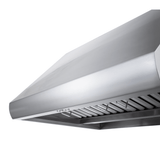 Proline PLJW 109 Wall-Mounted Range Hood in stainless steel, slatted filter, ProlineRangeHoods.com, low angle.