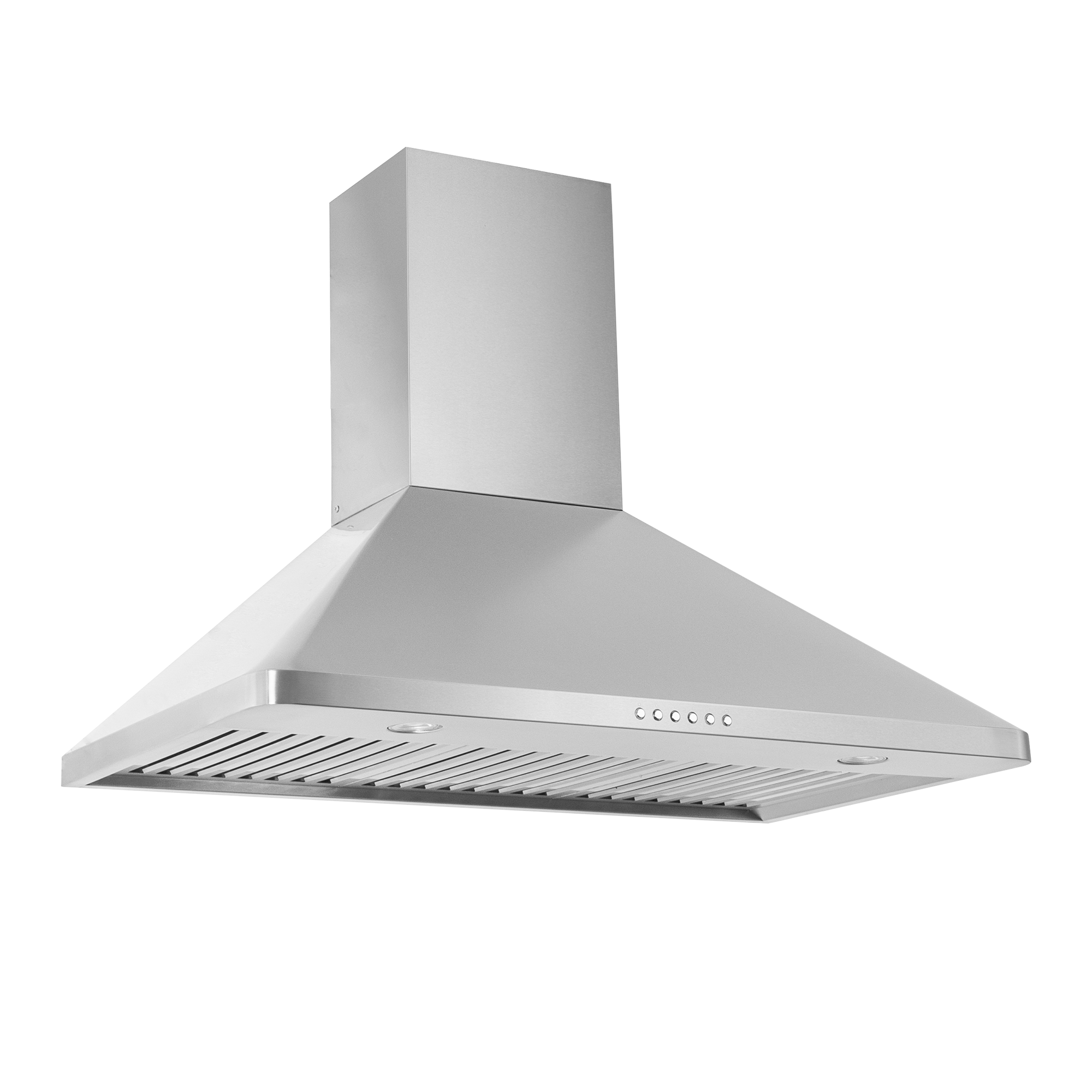 ProlineRangeHoods.com PLJW 129 ducted range hood in stainless steel, push buttons, angled view, white background.