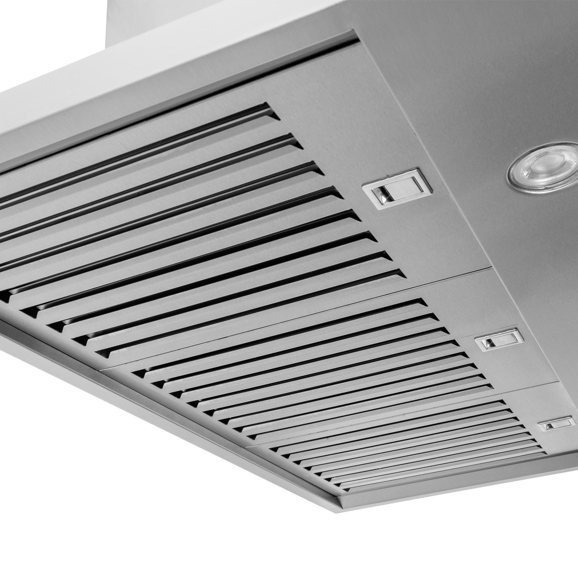 Close-up of Proline Range Hoods PLJW 129, stainless steel with vent grates and lights, from ProlineRangeHoods.com.