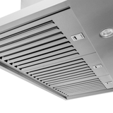 Close-up of Proline Range Hoods PLJW 129, stainless steel with vent grates and lights, from ProlineRangeHoods.com.