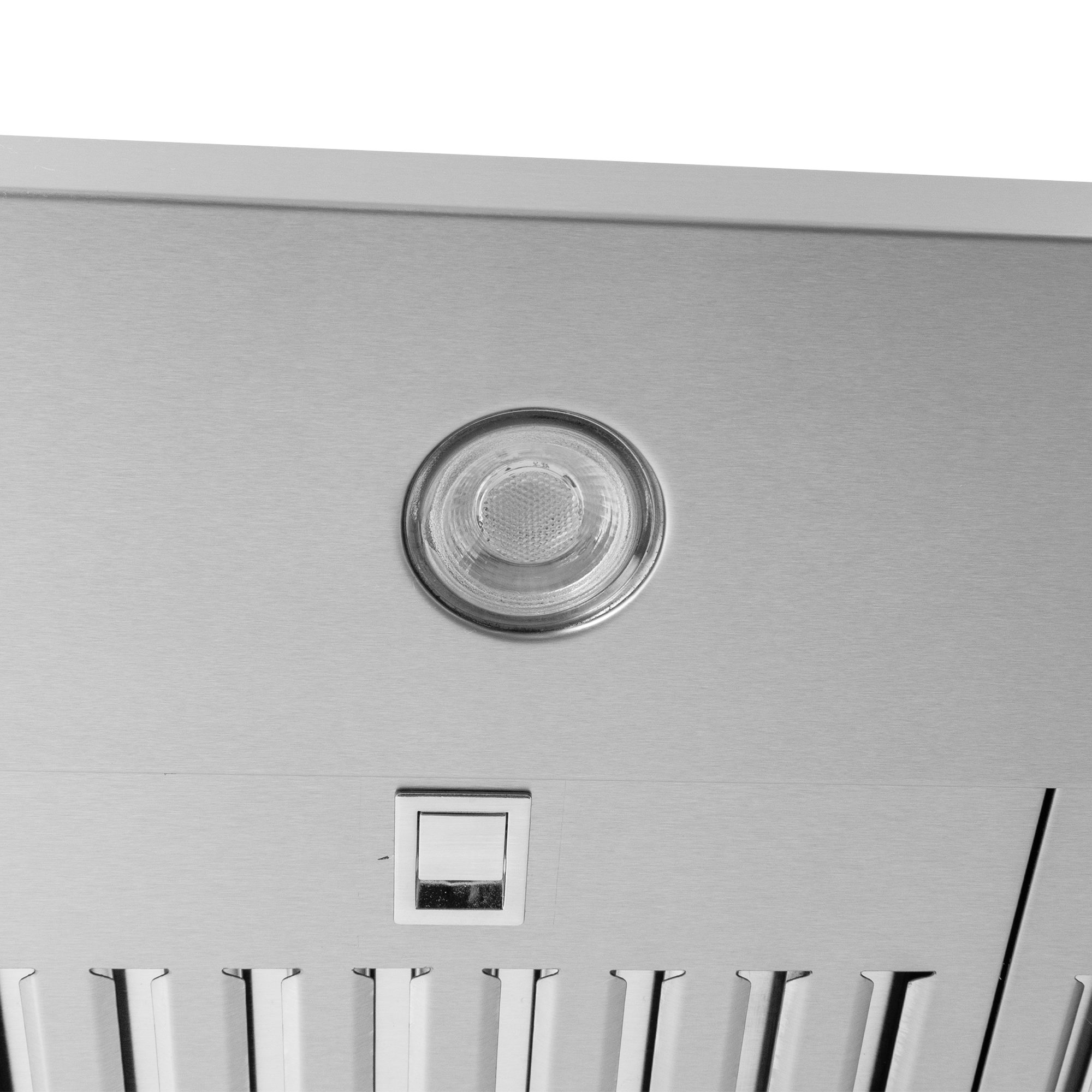 Close-up of Proline PLJW 129 range hood: stainless steel, round light, vent at 900/1200 CFM. ProlineRangeHoods.com.