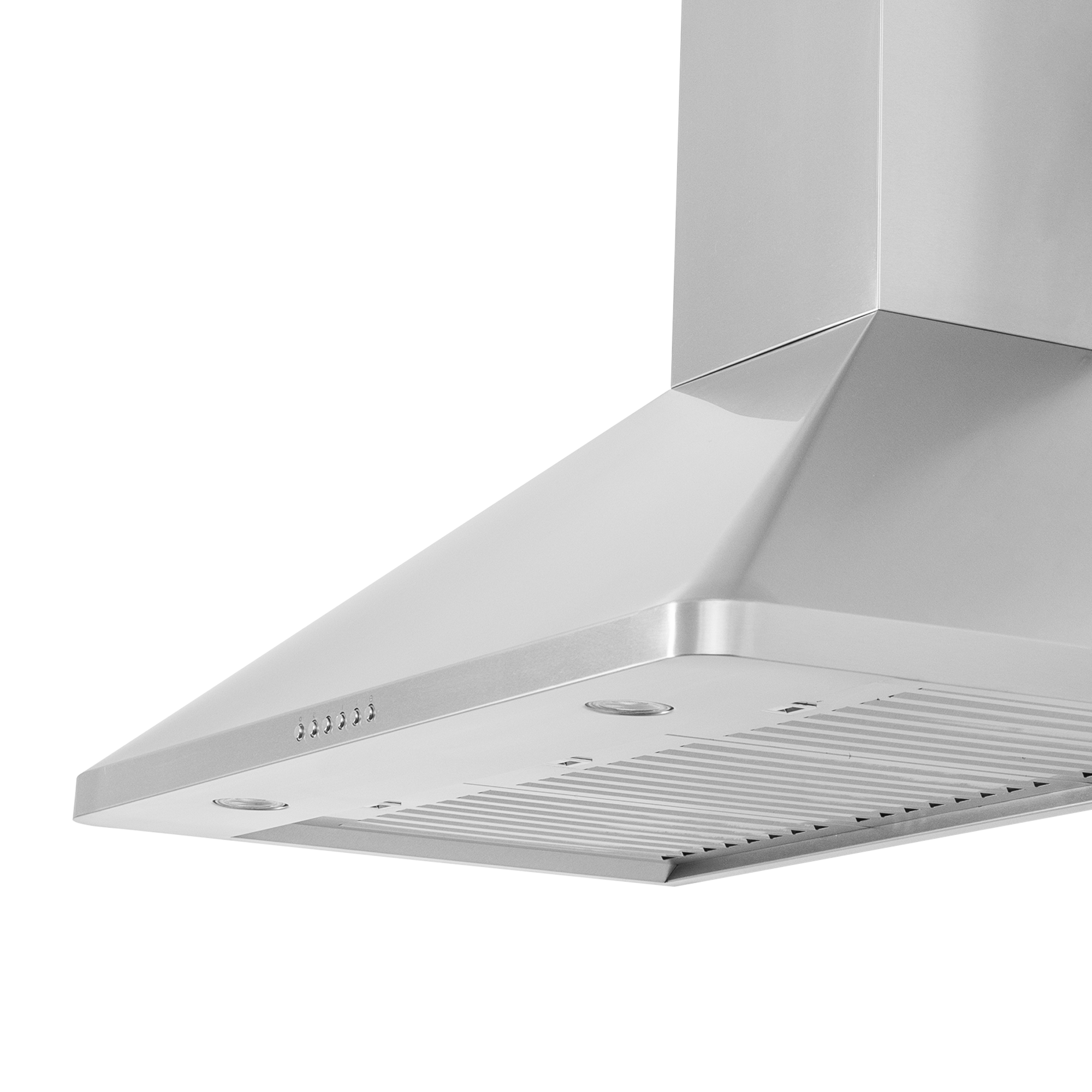 Close-up of Proline PLJW 129 stainless steel wall-mounted range hood, 900/1200 CFM, at ProlineRangeHoods.com.