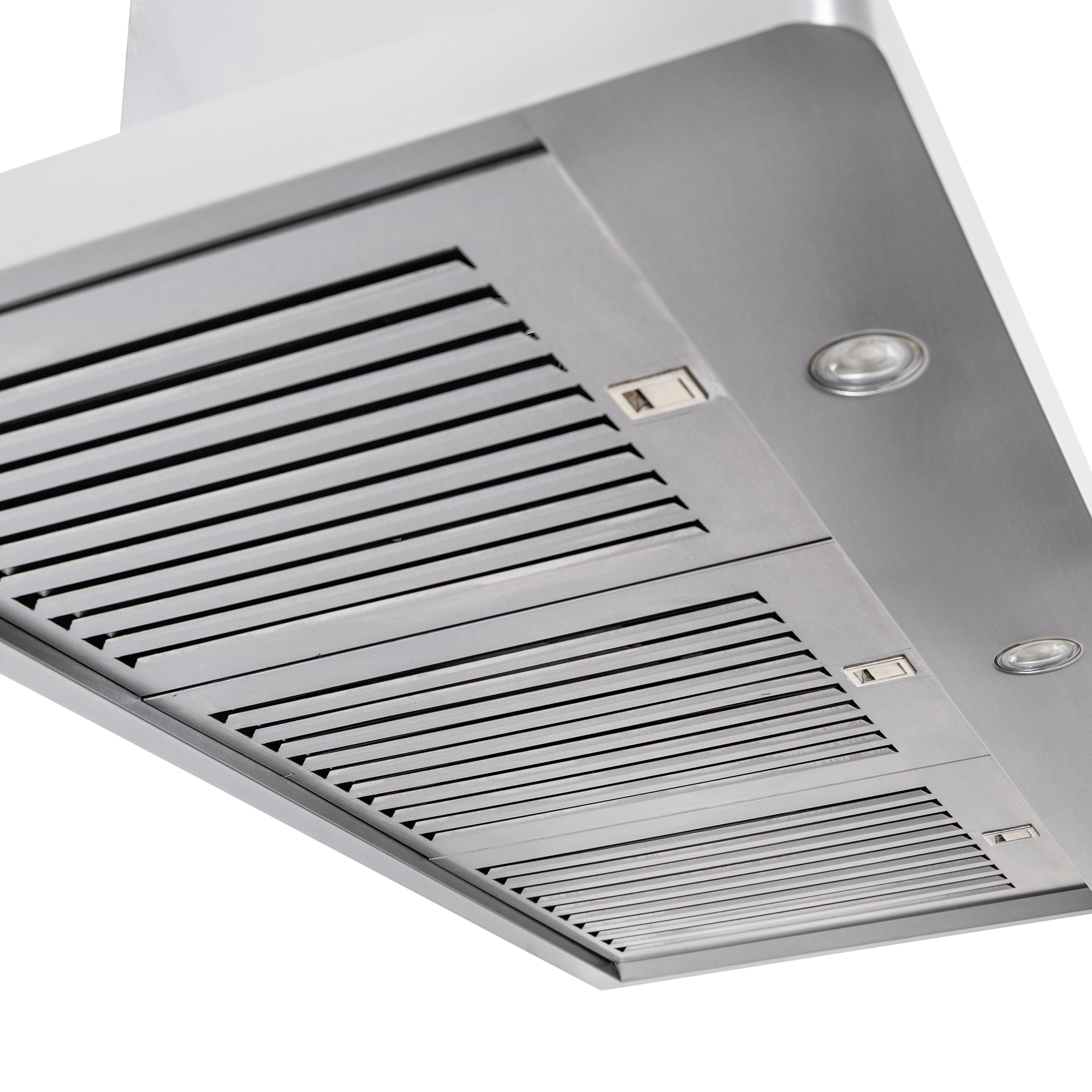 Close-up of Proline PLJW 129 stainless steel range hood by Proline Range Hoods, wall-mounted. ProlineRangeHoods.com.