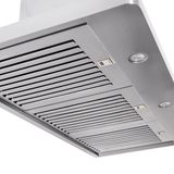 Close-up of Proline PLJW 129 stainless steel range hood by Proline Range Hoods, wall-mounted. ProlineRangeHoods.com.