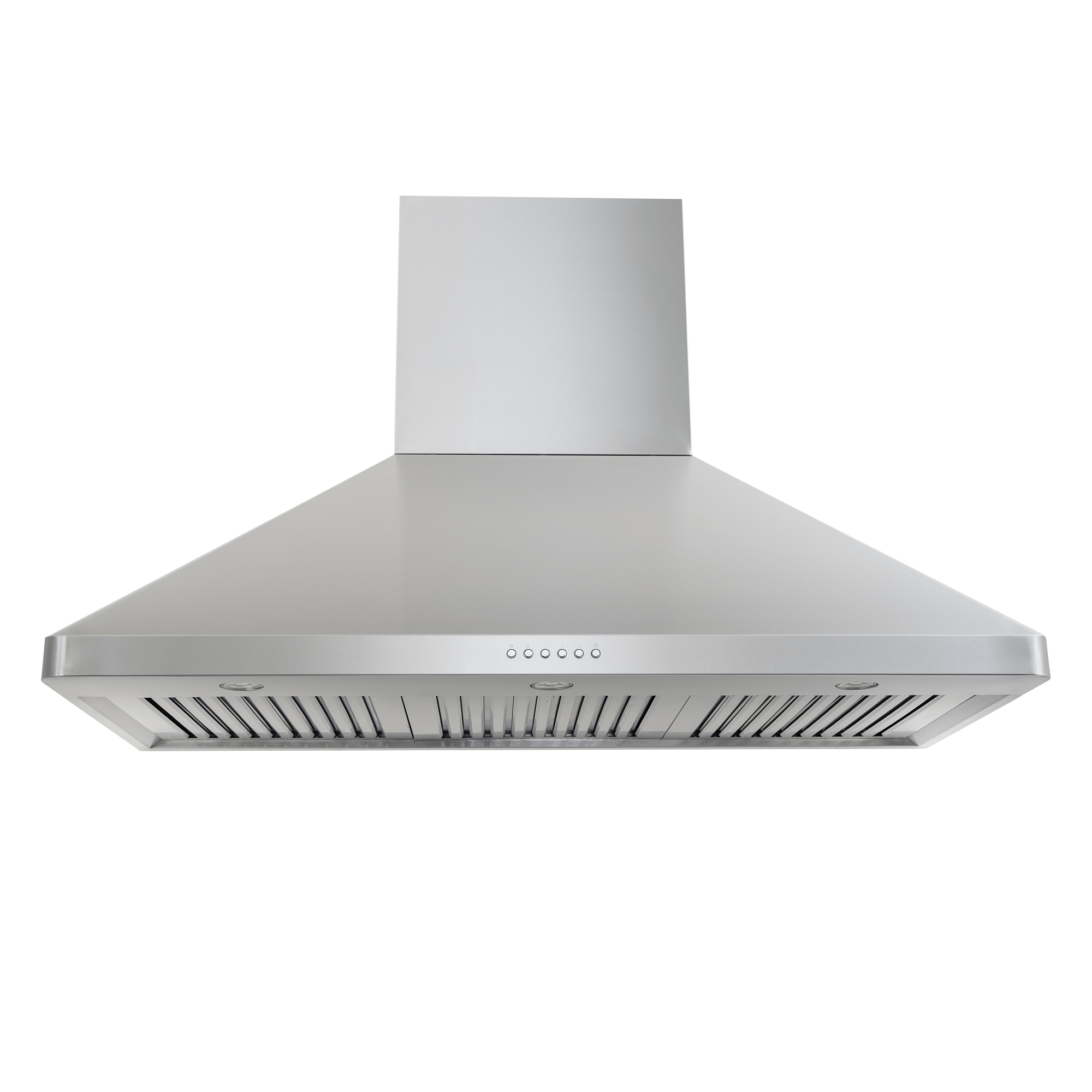 The Proline PLJW 129 stainless range hood, with push button controls, shown on white. ProlineRangeHoods.com.