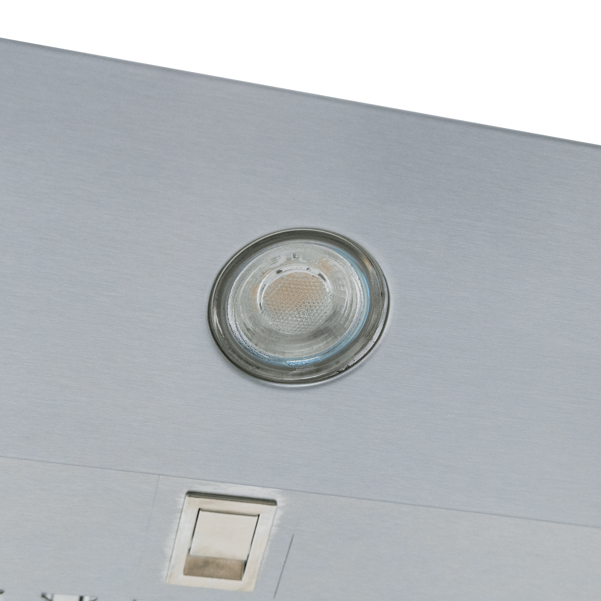 Close-up of Proline PLJW 129 wall-mounted range hood, recessed light, switch, 900/1200 CFM. ProlineRangeHoods.com.