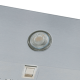 Close-up of Proline PLJW 129 wall-mounted range hood, recessed light, switch, 900/1200 CFM. ProlineRangeHoods.com.