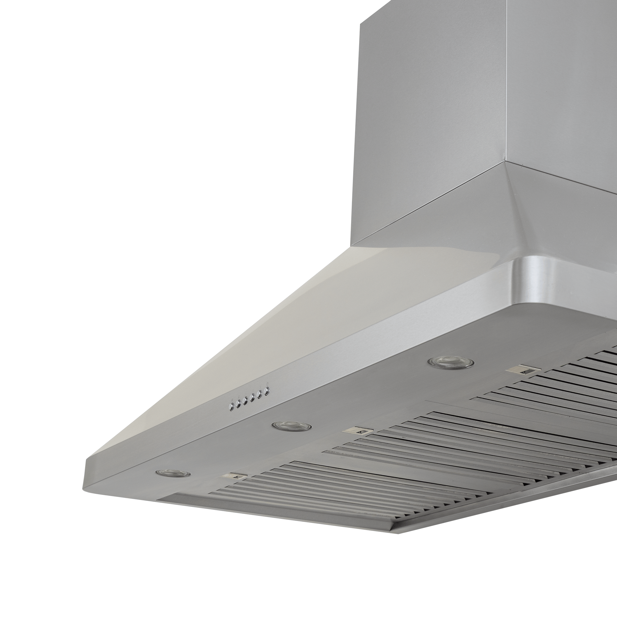 Stainless steel Proline PLJW 129 wall range hood, 900/1200 CFM, built-in lights, angled view. ProlineRangeHoods.com.