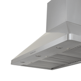 Stainless steel Proline PLJW 129 wall range hood, 900/1200 CFM, built-in lights, angled view. ProlineRangeHoods.com.