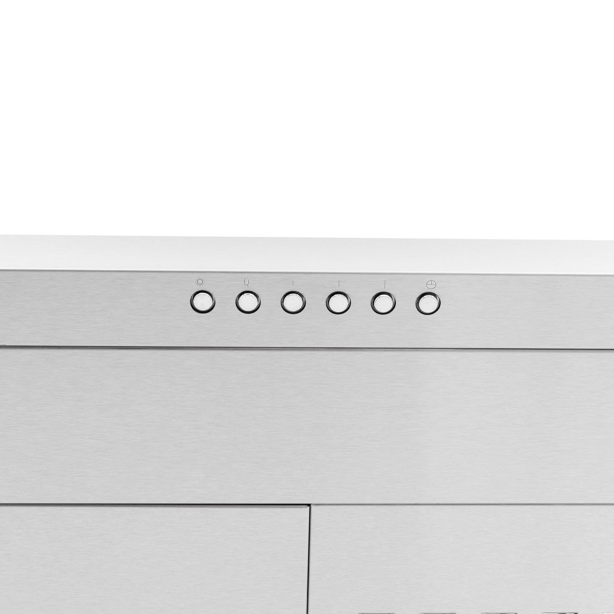 Close-up of Proline PLJW 185 Slim Range Hood, stainless steel, five buttons, 600 CFM. ProlineRangeHoods.com.