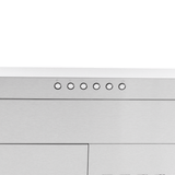 Close-up of Proline PLJW 185 Slim Range Hood, stainless steel, five buttons, 600 CFM. ProlineRangeHoods.com.