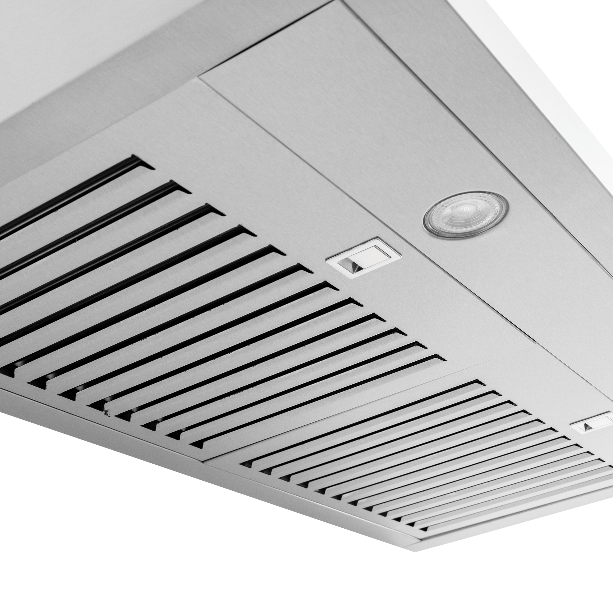 Stainless steel Proline PLJW 185 under-cabinet hood with vent slats, light, 600 CFM blower. ProlineRangeHoods.com.