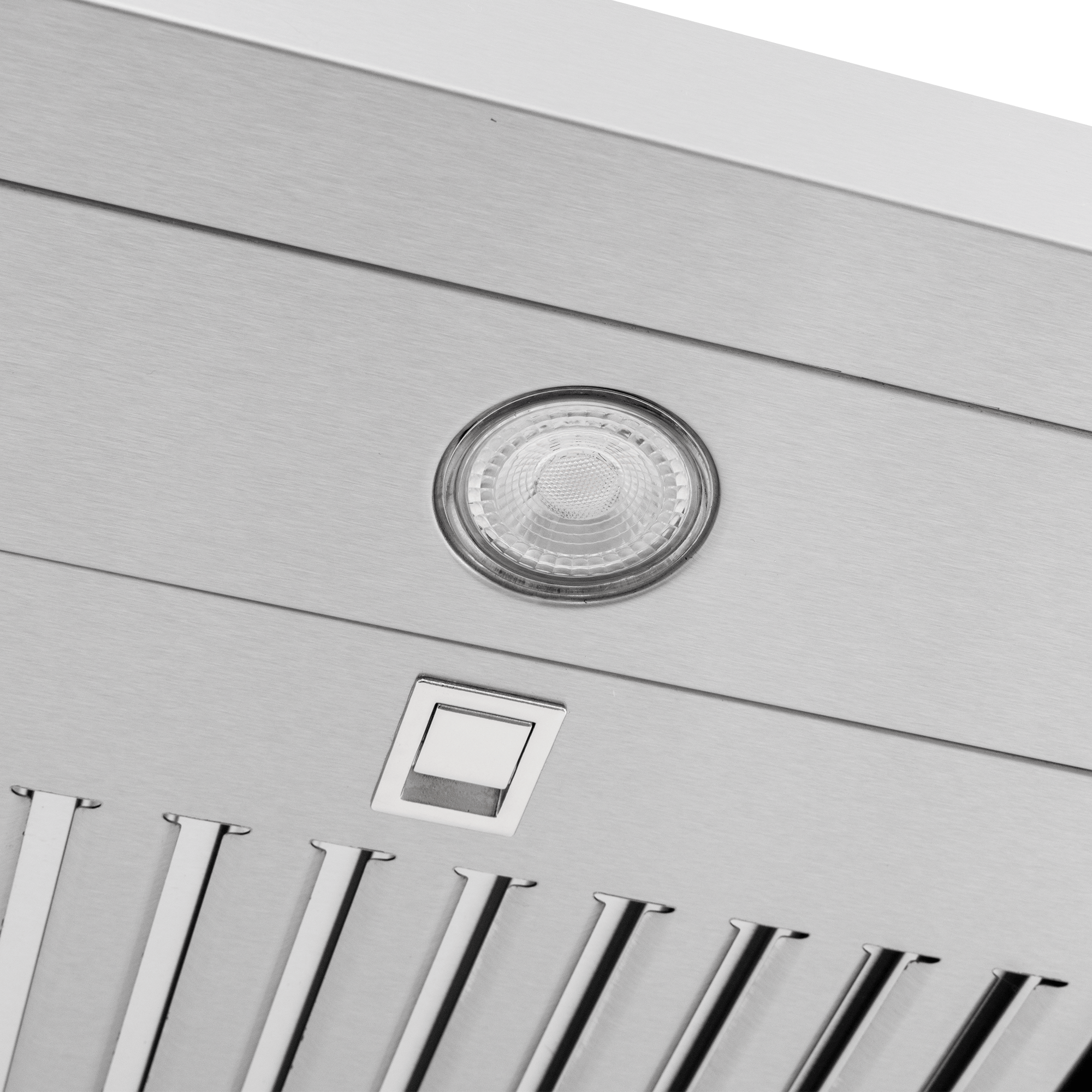 Close-up of Proline PLJW 185 slim range hood, steel finish, dual 600 CFM blowers, on ProlineRangeHoods.com.