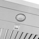 Close-up of Proline PLJW 185 slim range hood, steel finish, dual 600 CFM blowers, on ProlineRangeHoods.com.
