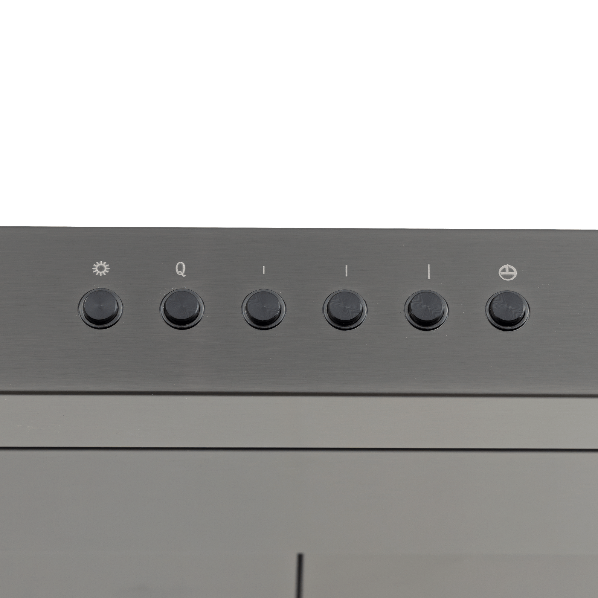 Six black buttons on Proline PLJW 185 slim stainless range hood, white background. ProlineRangeHoods.com.