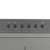Six black buttons on Proline PLJW 185 slim stainless range hood, white background. ProlineRangeHoods.com.