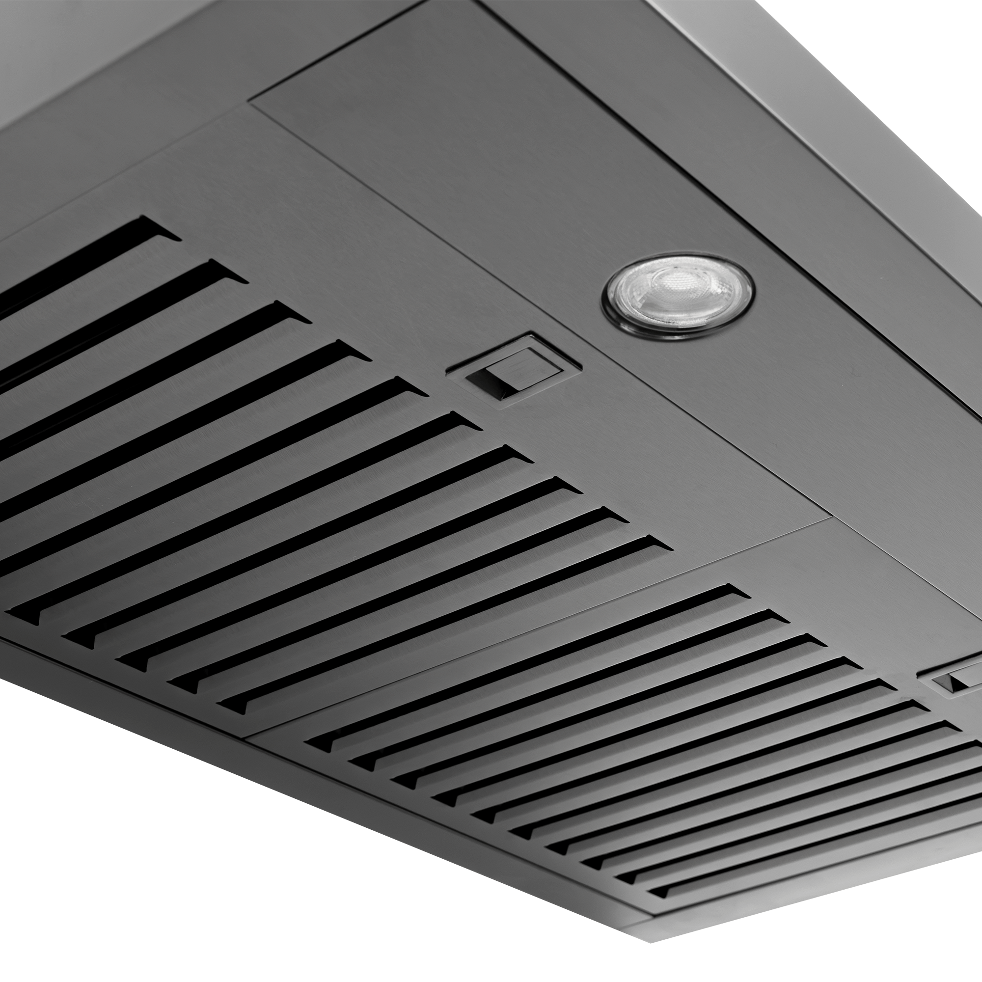 Proline PLJW 185 slim under-cabinet range hood, 600 CFM, slatted vents, light; ProlineRangeHoods.com.