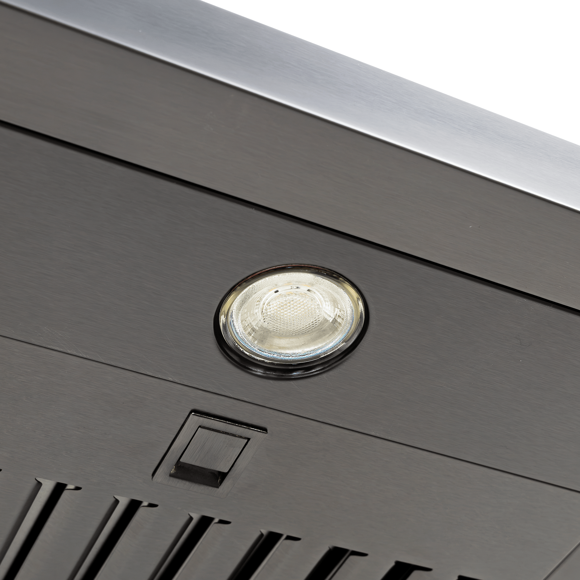 Close-up of light and switch on Proline PLJW 185 Slim Range Hood, Stainless Steel. ProlineRangeHoods.com.
