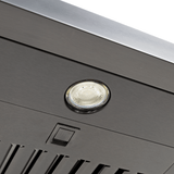 Close-up of light and switch on Proline PLJW 185 Slim Range Hood, Stainless Steel. ProlineRangeHoods.com.