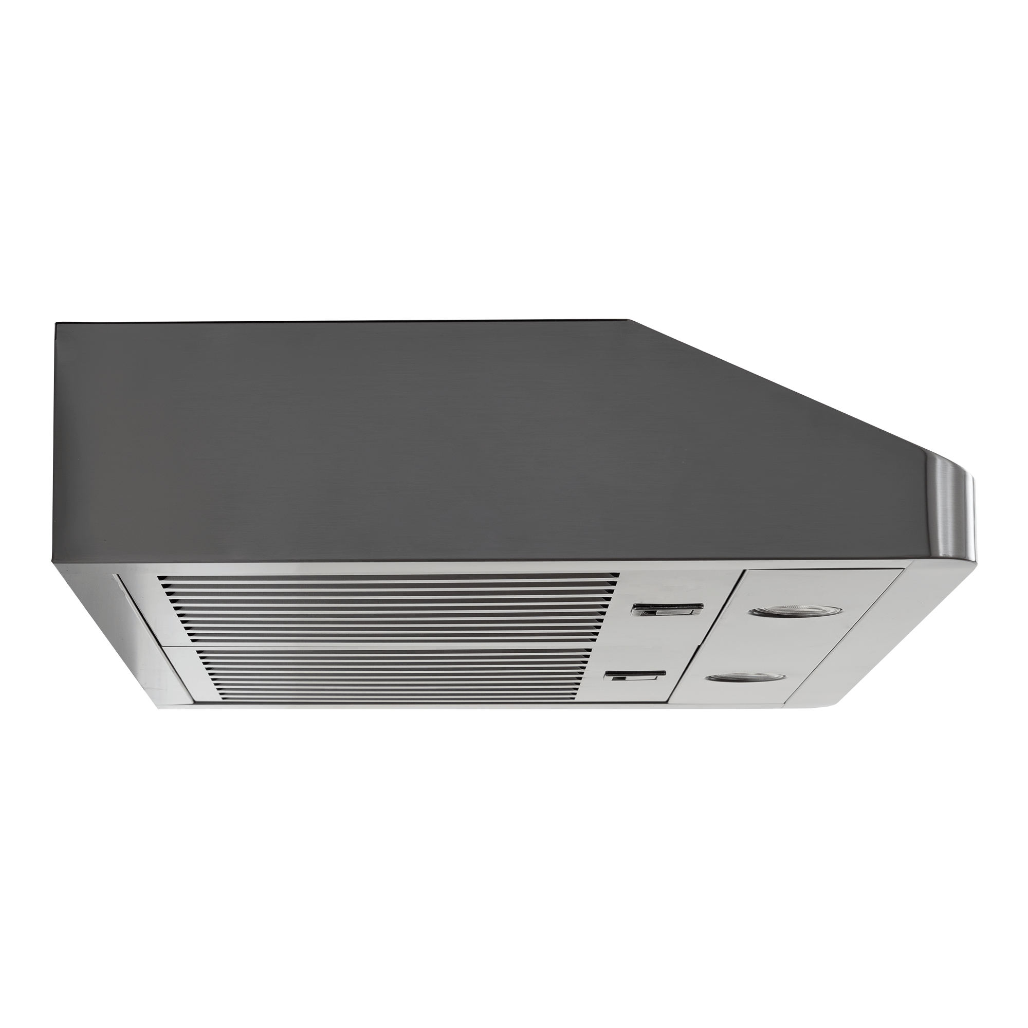 Proline PLJW 185 slim under-cabinet range hood, stainless steel, ductless option, shown from below. ProlineRangeHoods.com.