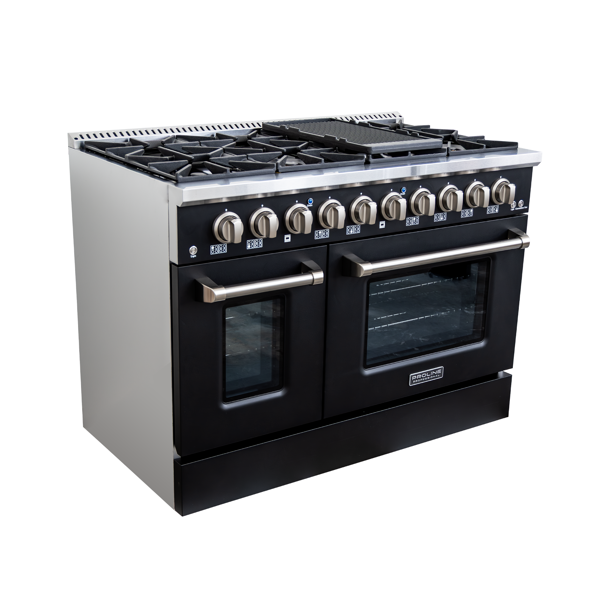 ProlineRangeHoods.com: Matte black Proline PLSR 48GE range with 8 burners, dual ovens, griddle & top control knobs.