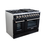 ProlineRangeHoods.com: Matte black Proline PLSR 48GE range with 8 burners, dual ovens, griddle & top control knobs.